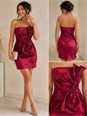 Poetry Clothing Boutique Burgundy Metallic Strapless Bow Holiday Dress Small NWT